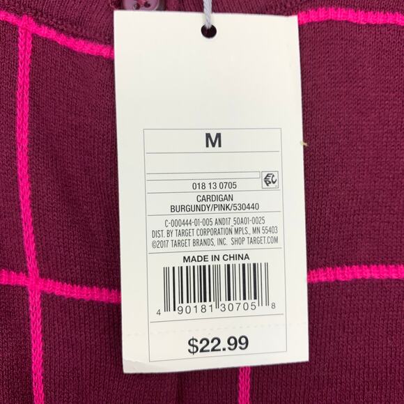 Merona Crew Neck Cardigan Sweater Womens M Two Tone Pink Maroon Grid Print NEW - Picture 6 of 8